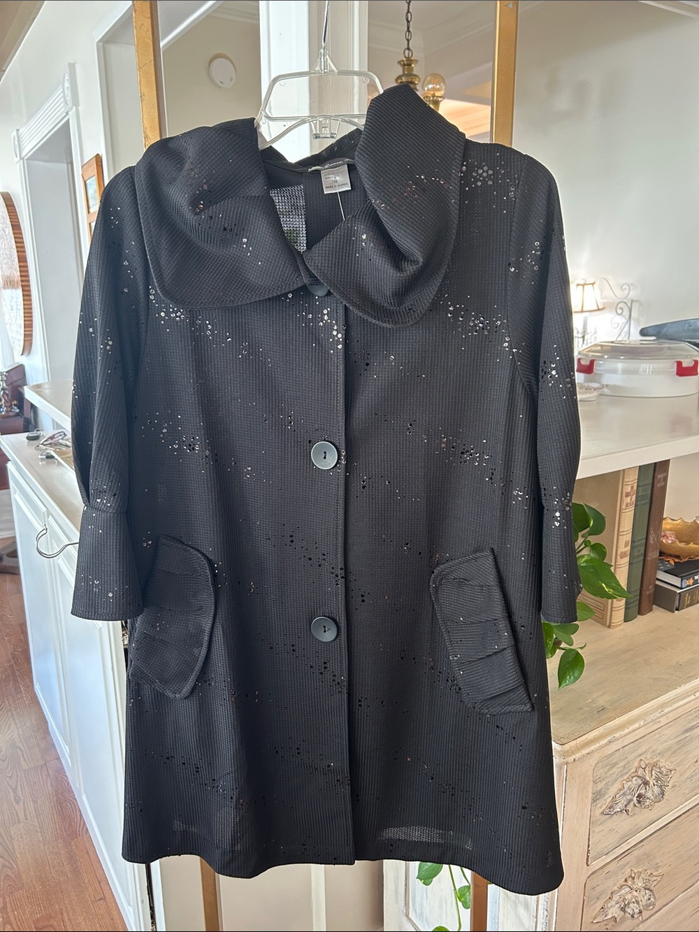 DAMEE Black Sequin A-Line Coat with Peter Pan Collar